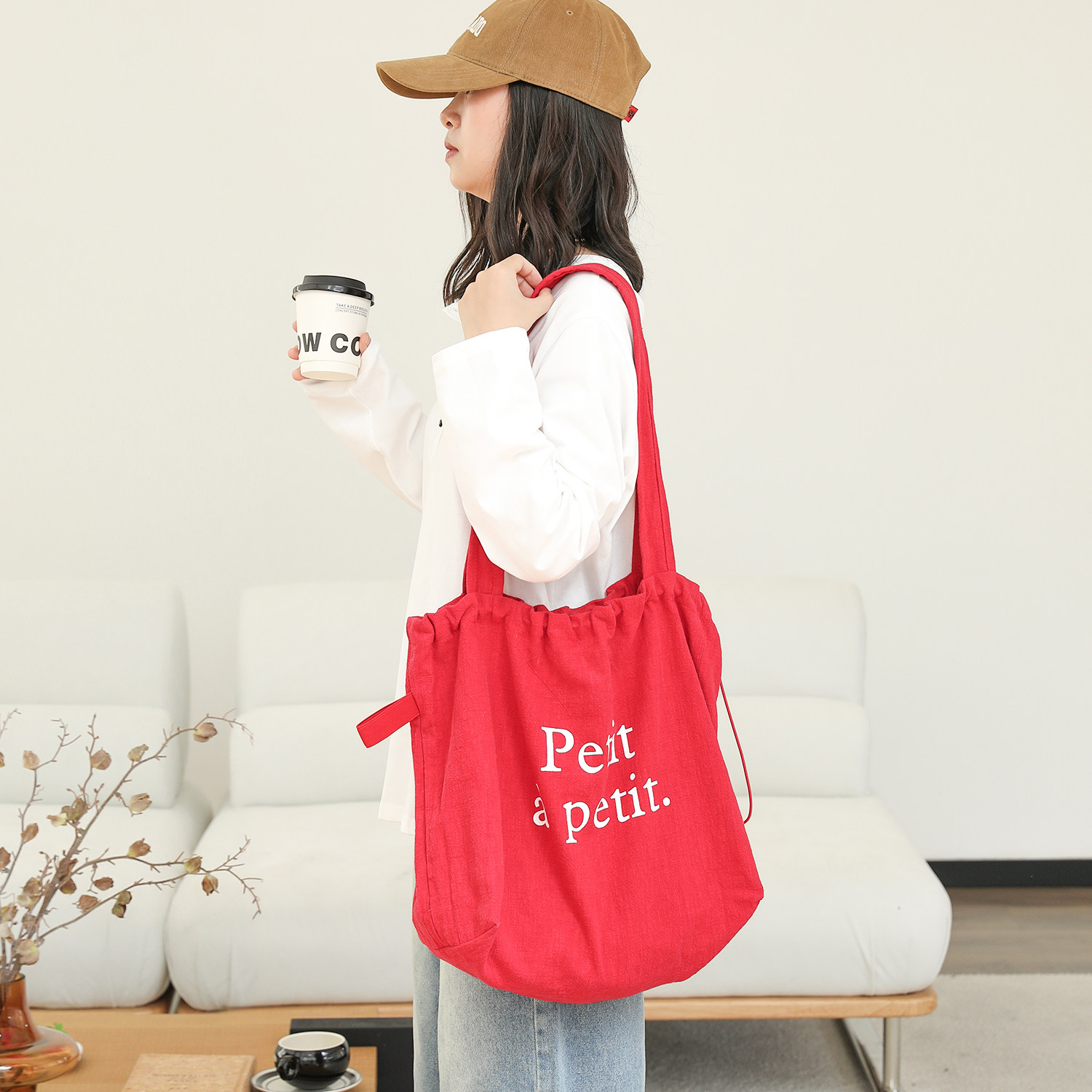 森系麻布包束口抽绳字母帆布包女托特单肩包质感麻布手提袋大容量,淘宝优惠券,粉丝福利购,淘宝优惠卷