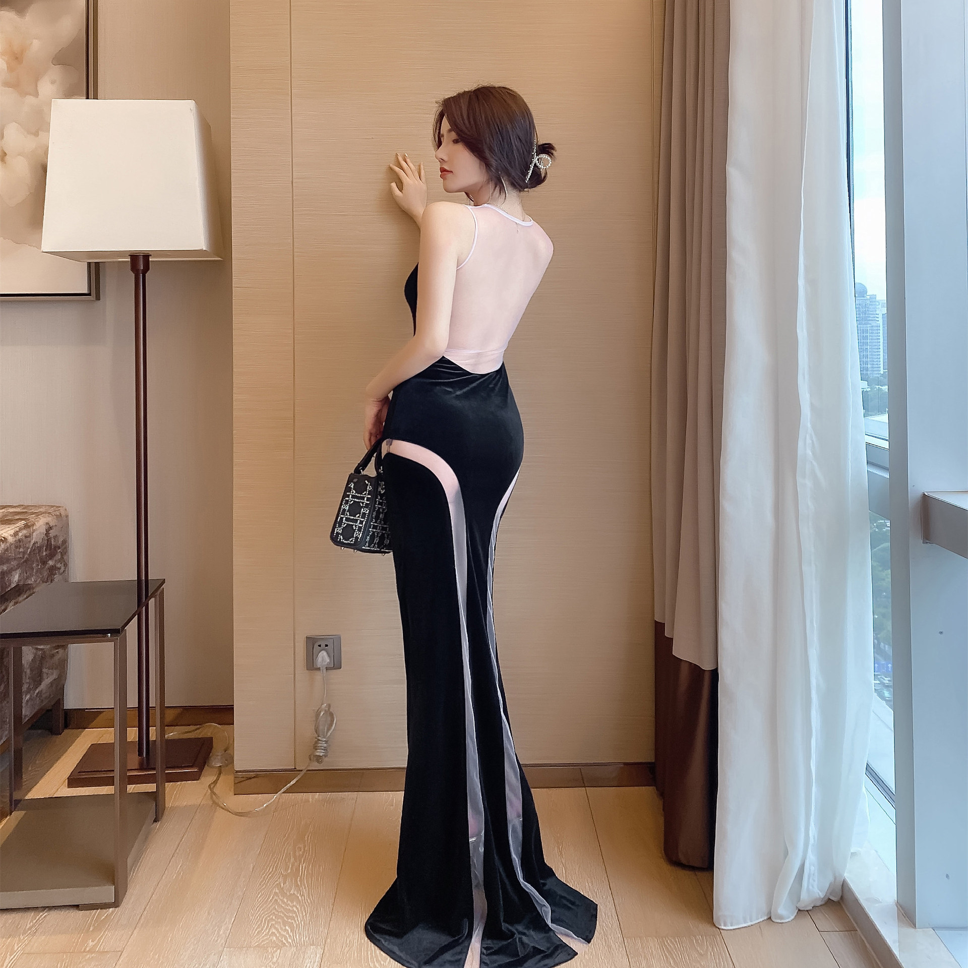 夜店性感礼服黑色丝绒网纱拼接连衣裙低胸露背鱼尾佳丽长款礼服裙