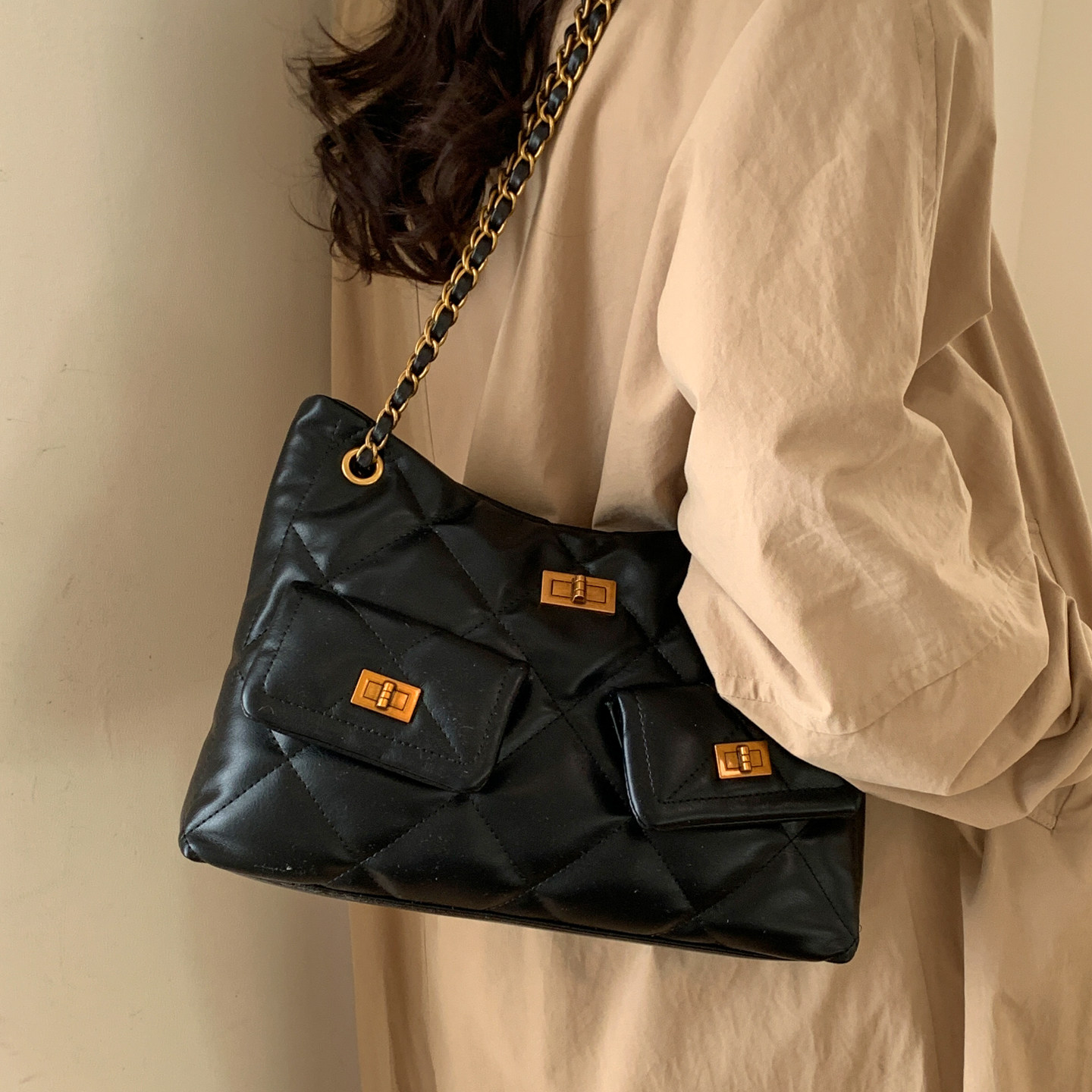 小香风菱格链条托特包女轻奢单肩腋下斜挎包大容量通勤复古hobo包,淘宝优惠券,粉丝福利购,淘宝优惠卷