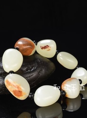 新疆和田玉青白玉籽料原石手链天然玉石带皮手串男女款红皮手链子