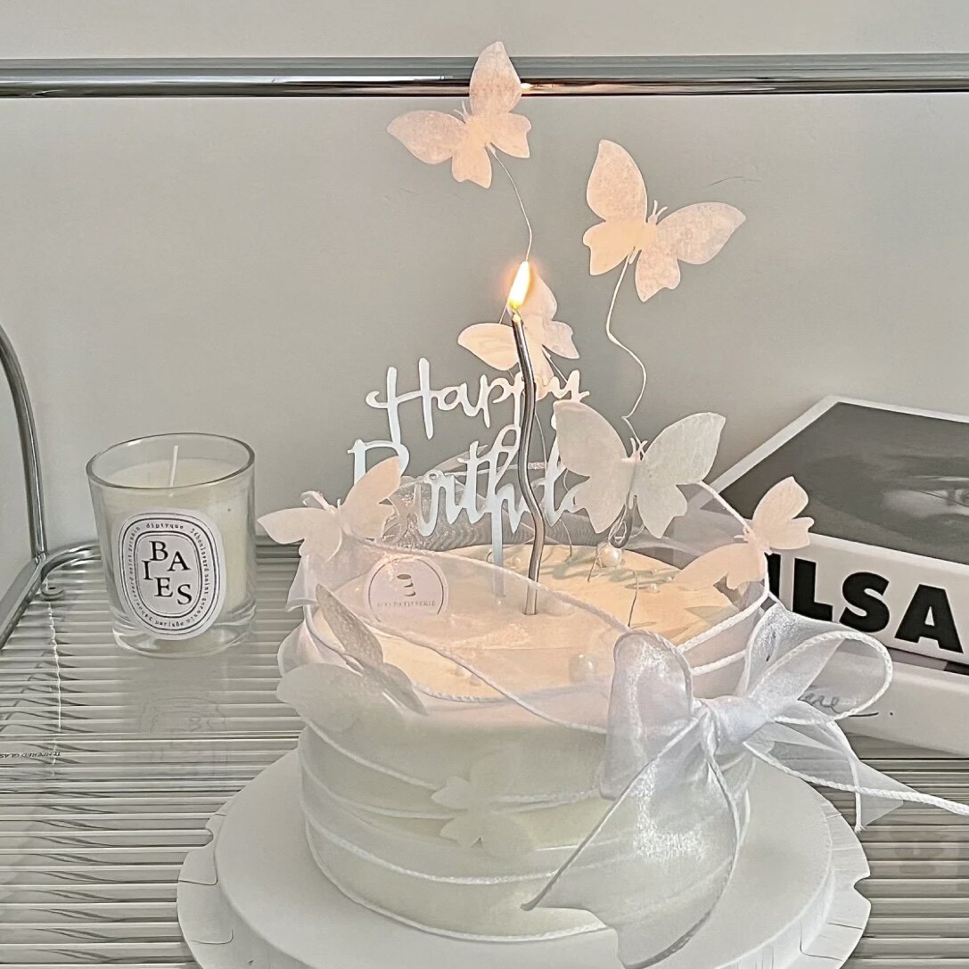 网红白色蝴蝶蛋糕装饰糯米纸珍珠蝴蝶插件仙女生日情人节烘焙配件