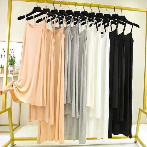 莫代尔女纯色春夏吊带连衣裙大码打底裙居家睡裙短中长无袖A字裙 - 图2