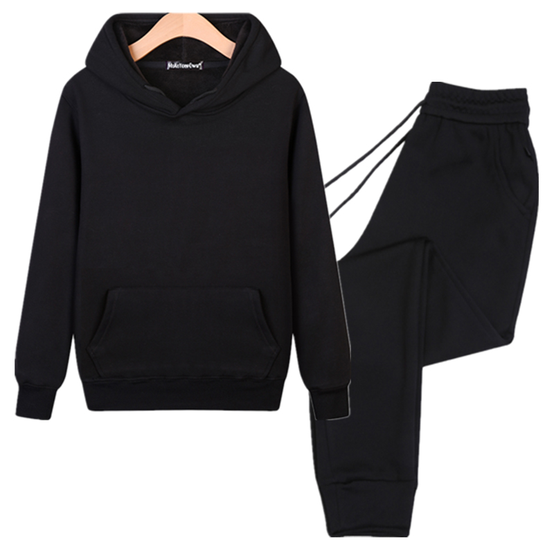 新款秋冬季纯棉连帽男套装帽衫休闲加绒卫衣卫裤两件套保暖束脚裤 - 图2