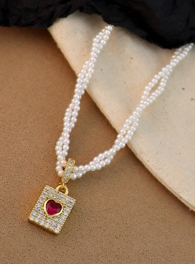 复古红爱心满钻珍珠锁骨链耳环