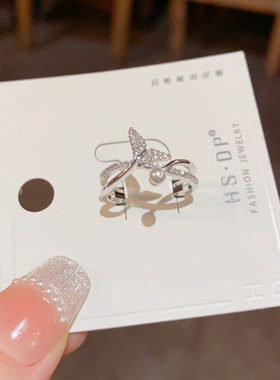 法式轻奢超闪锆石珍珠鱼尾开口戒