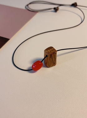 手作天然沉香木南红玛瑙皮绳长款毛衣链简朴新中式国风简朴项链女
