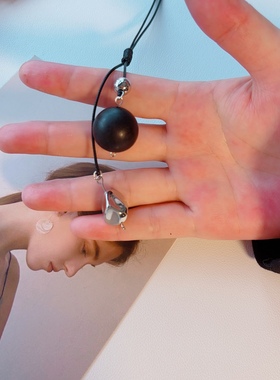 原创手作天然小叶紫檀圆球型双吊坠皮绳项链长款个性小众设计国风