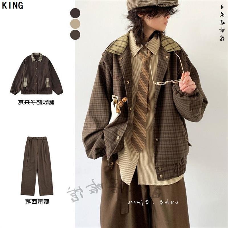 春秋日系复古穿搭整套格子外套男女生学院风拼接刺绣宽松休闲夹克,淘宝优惠券,粉丝福利购,淘宝优惠卷