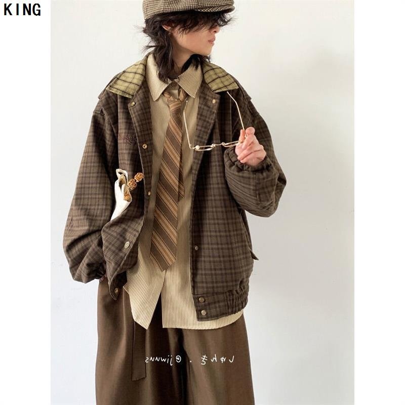 春秋日系复古穿搭整套格子外套男女生学院风拼接刺绣宽松休闲夹克,淘宝优惠券,粉丝福利购,淘宝优惠卷