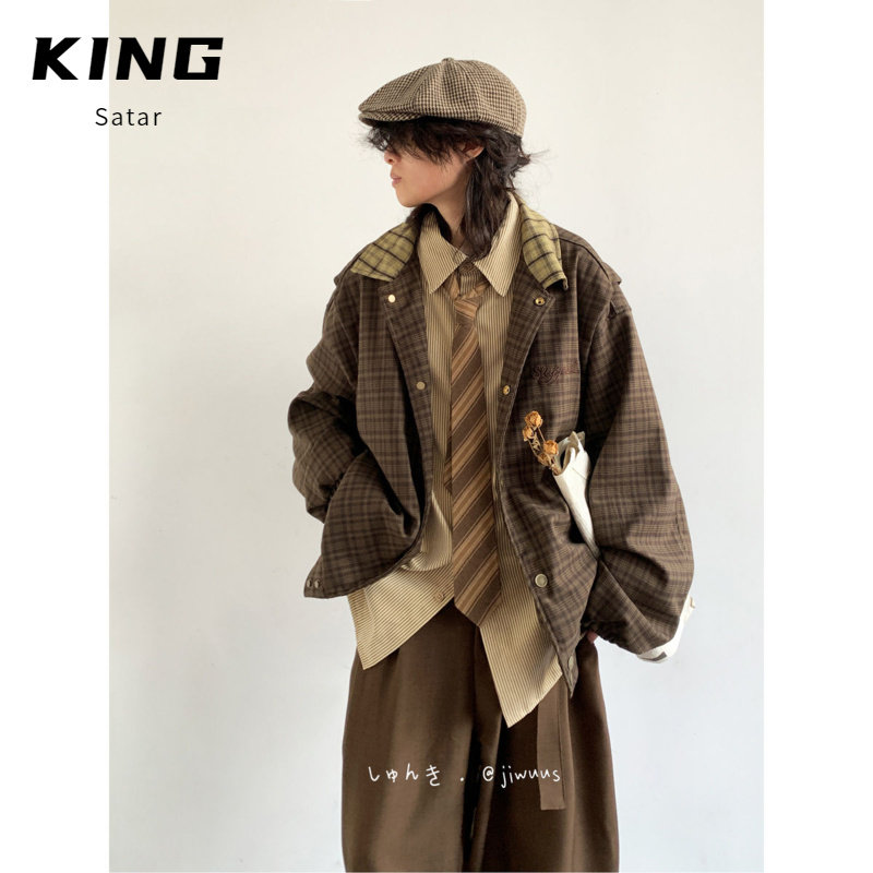 春秋日系复古穿搭整套格子外套男女生学院风拼接刺绣宽松休闲夹克,淘宝优惠券,粉丝福利购,淘宝优惠卷