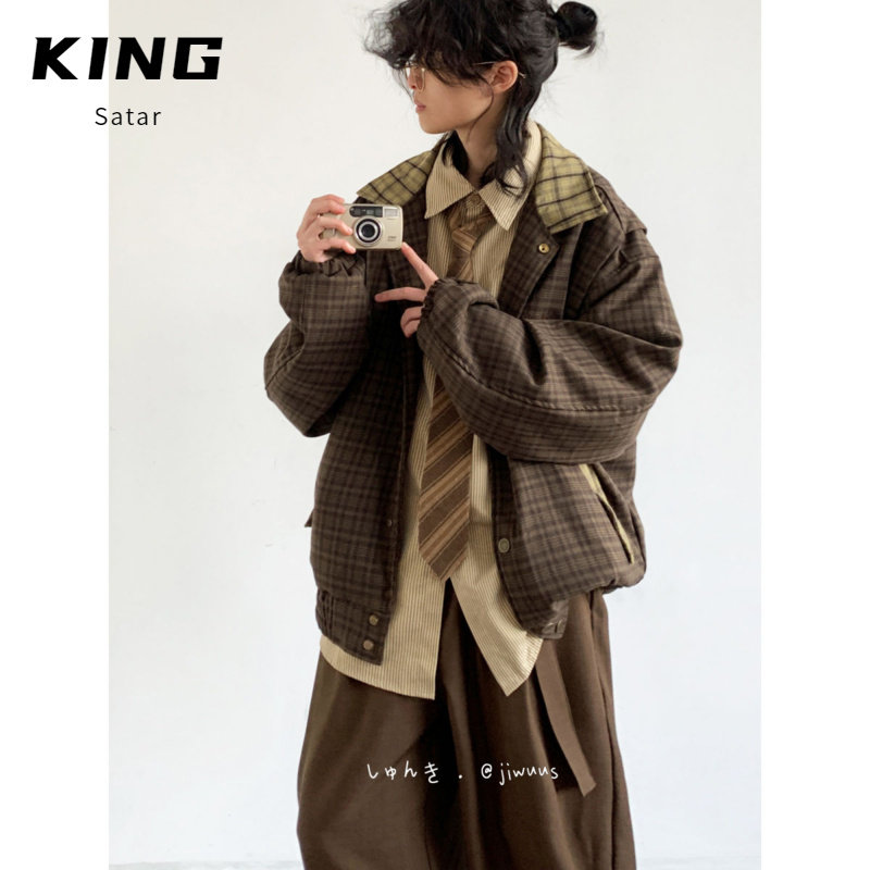 春秋日系复古穿搭整套格子外套男女生学院风拼接刺绣宽松休闲夹克,淘宝优惠券,粉丝福利购,淘宝优惠卷