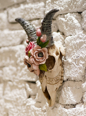 仿真花朵羊角头骨装饰摆件