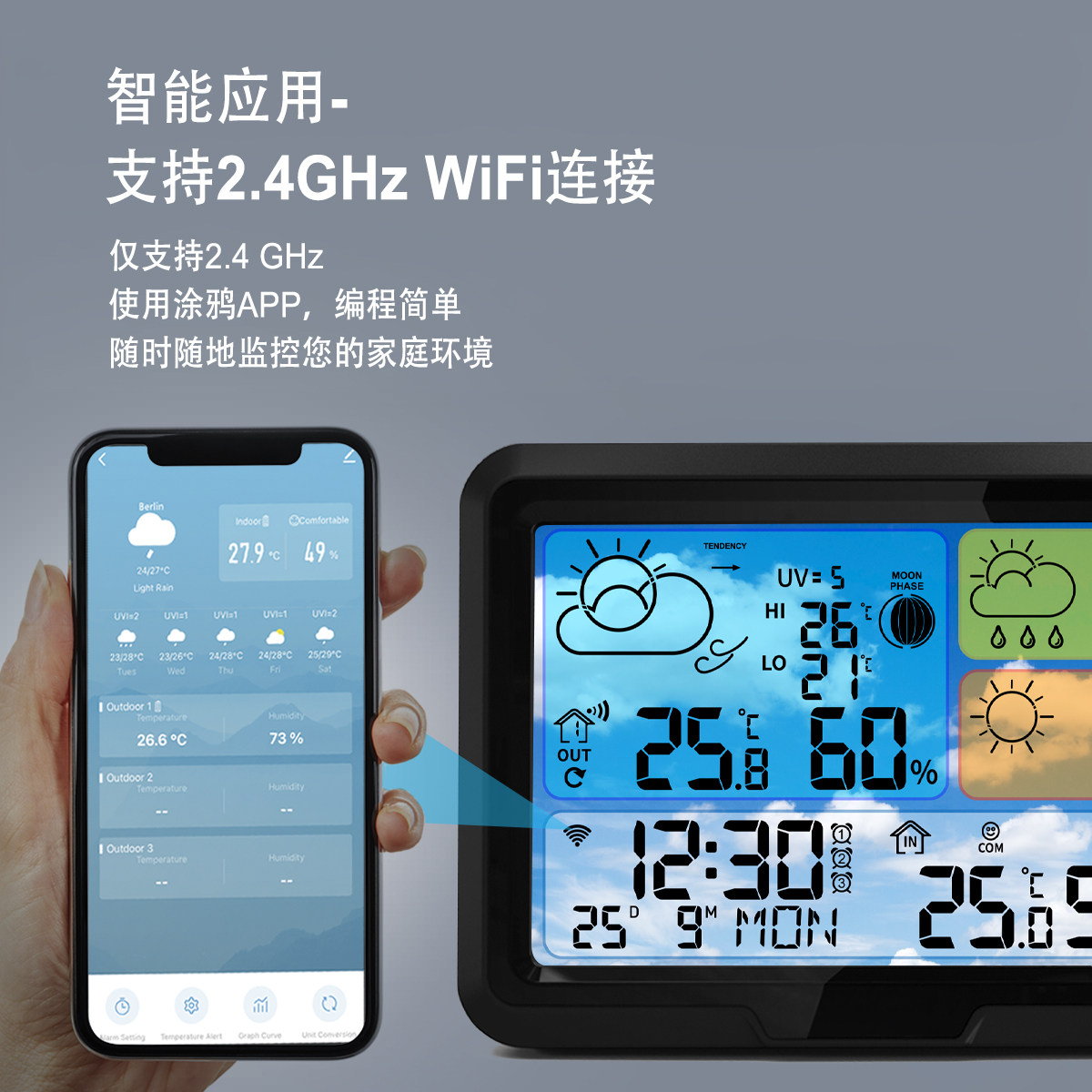家用Tuya Wi-Fi气象钟智能室内室外温度湿度计无线多功能气象站,淘宝优惠券,粉丝福利购,淘宝优惠卷