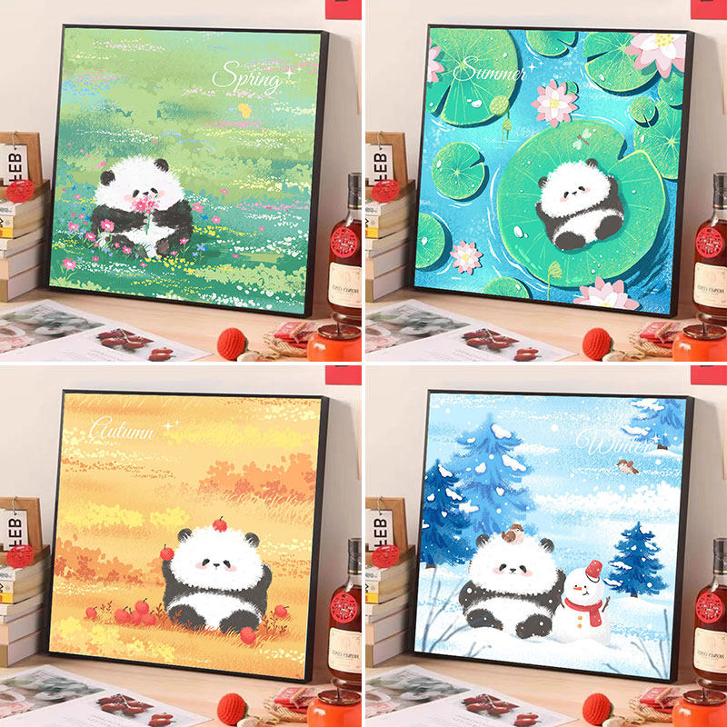 带框可爱熊猫花花钻石画2024新款满钻小件卡通治愈四季贴钻十字绣,淘宝优惠券,粉丝福利购,淘宝优惠卷