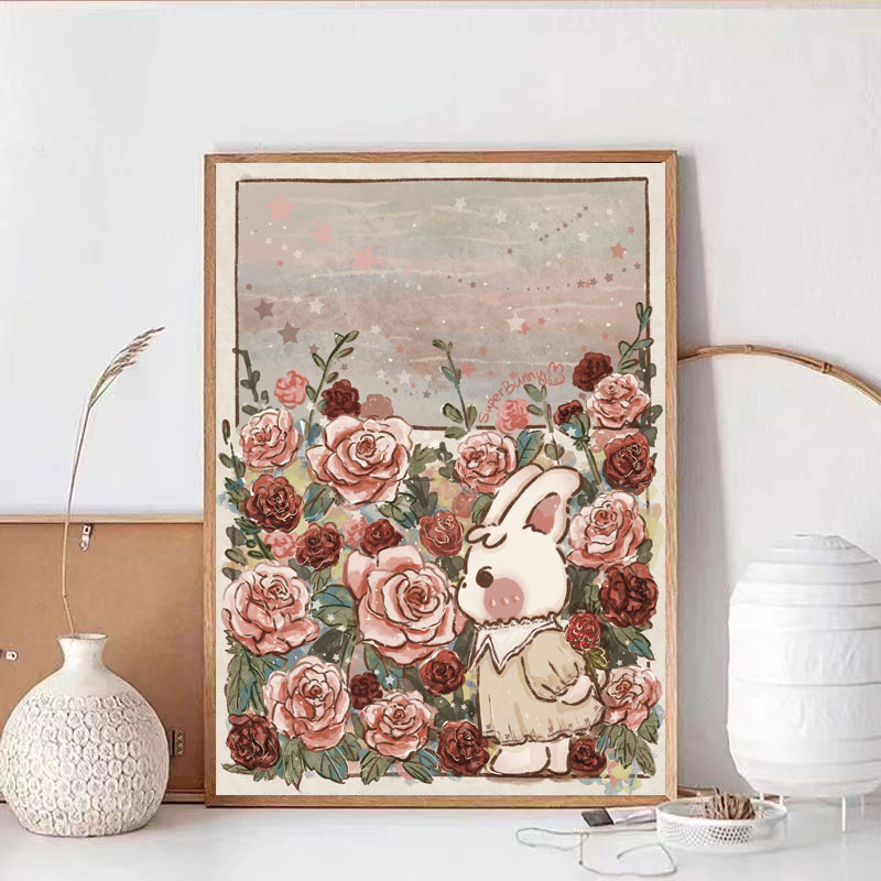 带框卡通玫瑰兔子钻石画满钻2024新款ins风手工diy点钻画十字绣5D,淘宝优惠券,粉丝福利购,淘宝优惠卷