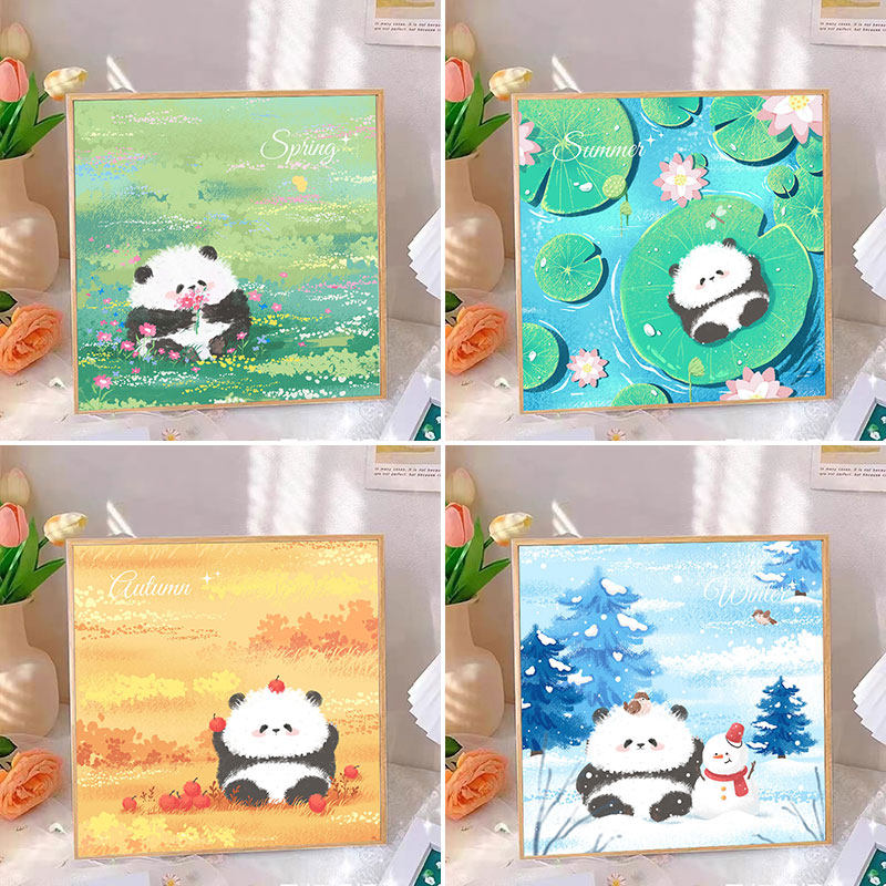 带框可爱熊猫花花钻石画2024新款满钻小件卡通治愈四季贴钻十字绣,淘宝优惠券,粉丝福利购,淘宝优惠卷