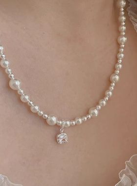 2025年配饰方糖白钻珍珠项链生日礼物锁骨链礼服气质新款高级感