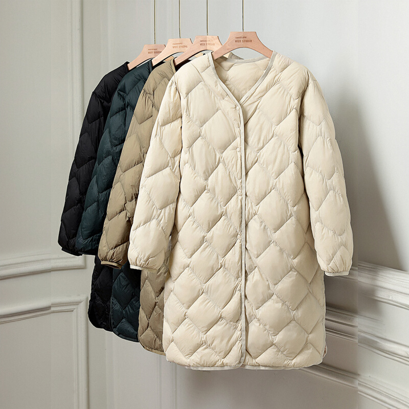 优衣秋冬新款女中长款菱格轻薄羽绒服菱形白鸭绒内胆保暖V领外套 - 图3
