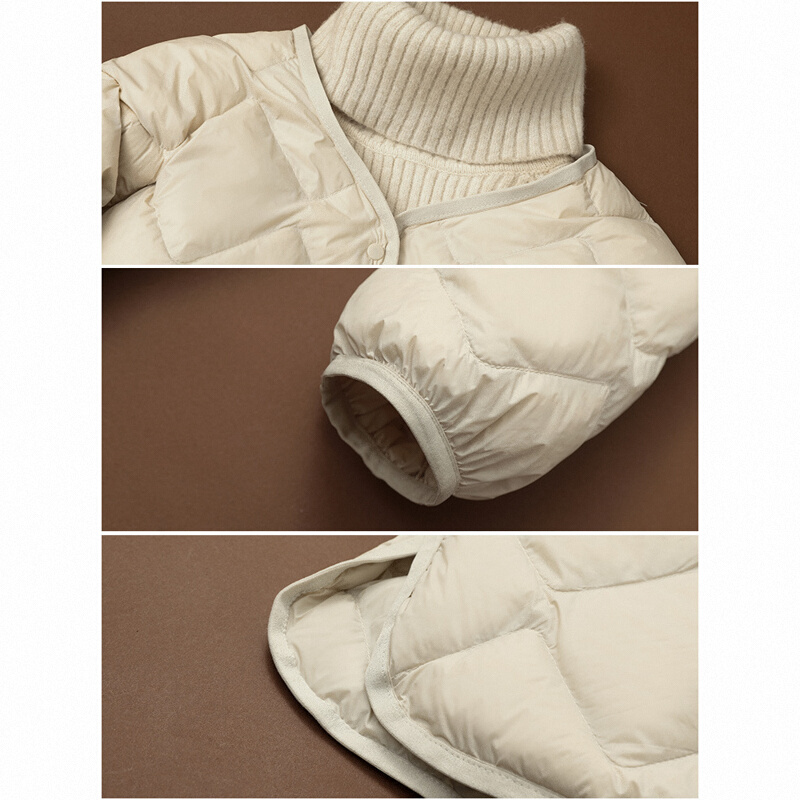 优衣秋冬新款女中长款菱格轻薄羽绒服菱形白鸭绒内胆保暖V领外套 - 图1