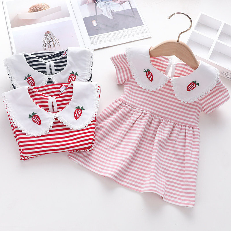 童装女童夏季连衣裙2025新款小宝宝洋气条纹纯棉卡通娃娃领裙子潮,淘宝优惠券,粉丝福利购,淘宝优惠卷