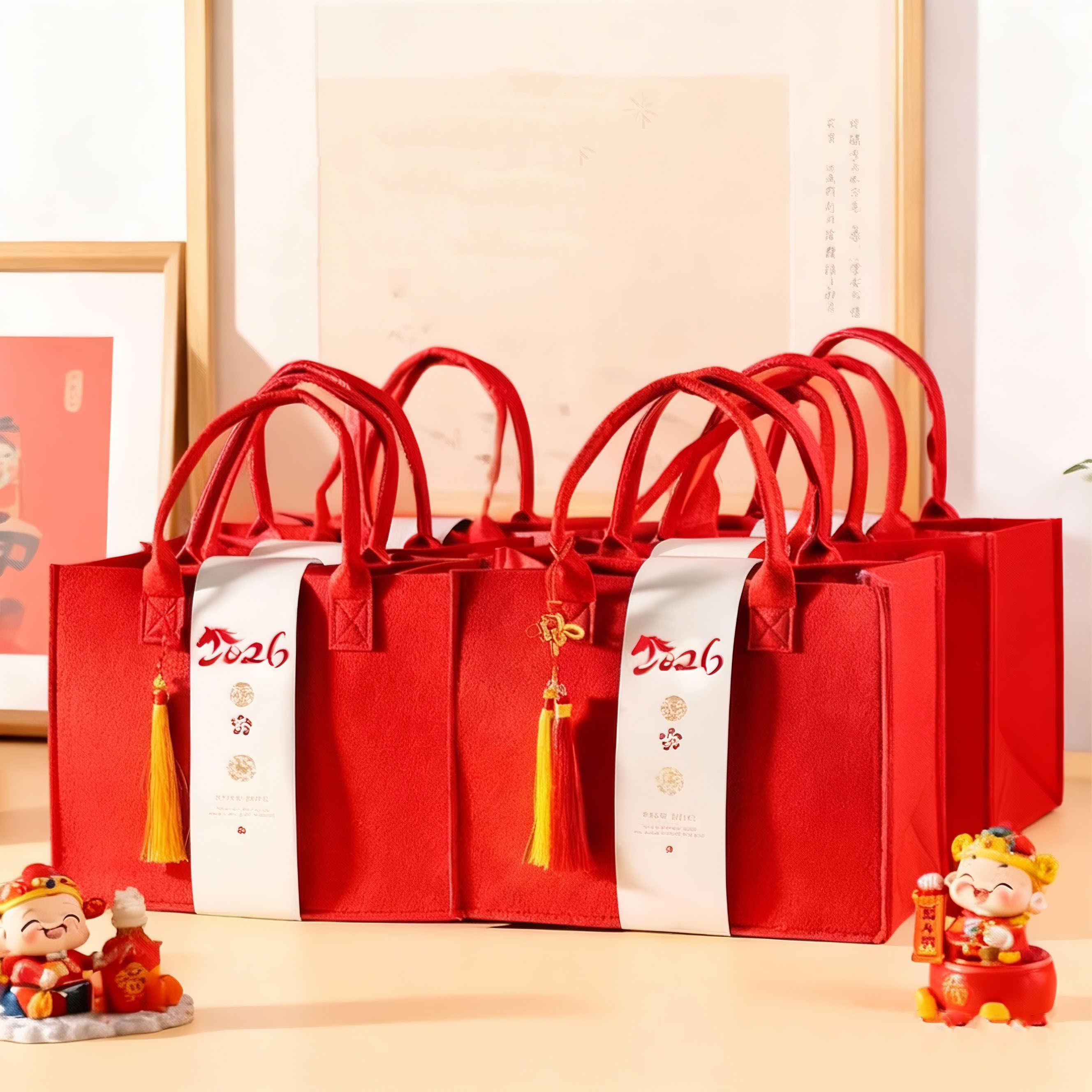 2026新年礼盒包装空盒子春节元旦糖果伴手礼手提毛毡礼品袋可定制,淘宝优惠券,粉丝福利购,淘宝优惠卷