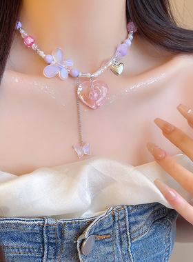 y2k夏日多巴胺彩色串珠项链爱心蝴蝶结锁骨链个性百搭