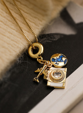 创意铜镀真金锆石相机护照吊坠项链女INS网红小众个性锁骨链