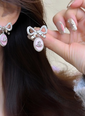 微镶蝴蝶结粉色圆牌土星耳环项链女淑女复古巴洛克宫廷风耳饰