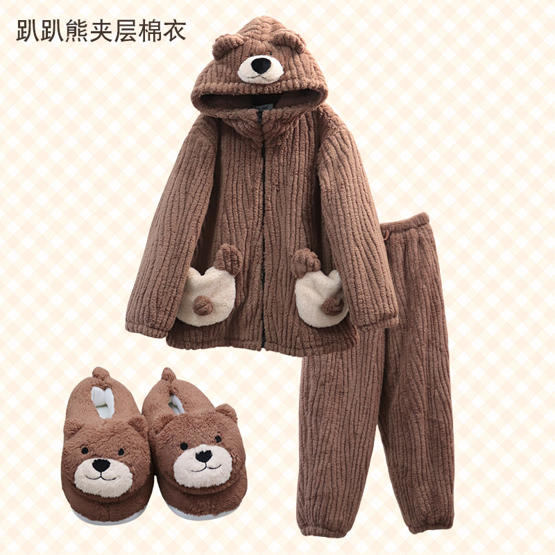 可爱轻松熊夹棉加厚毛绒动漫卡通睡衣男女家居服套装情侣款秋冬季,淘宝优惠券,粉丝福利购,淘宝优惠卷