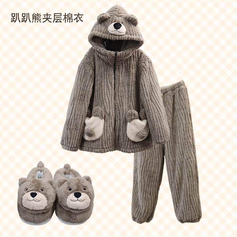 可爱轻松熊夹棉加厚毛绒动漫卡通睡衣男女家居服套装情侣款秋冬季,淘宝优惠券,粉丝福利购,淘宝优惠卷