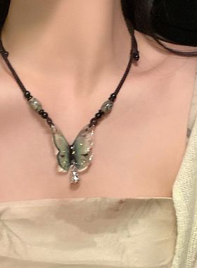 新中式绿色蝴蝶编织项链女民族风复古配饰清冷感古风禅意锁骨链