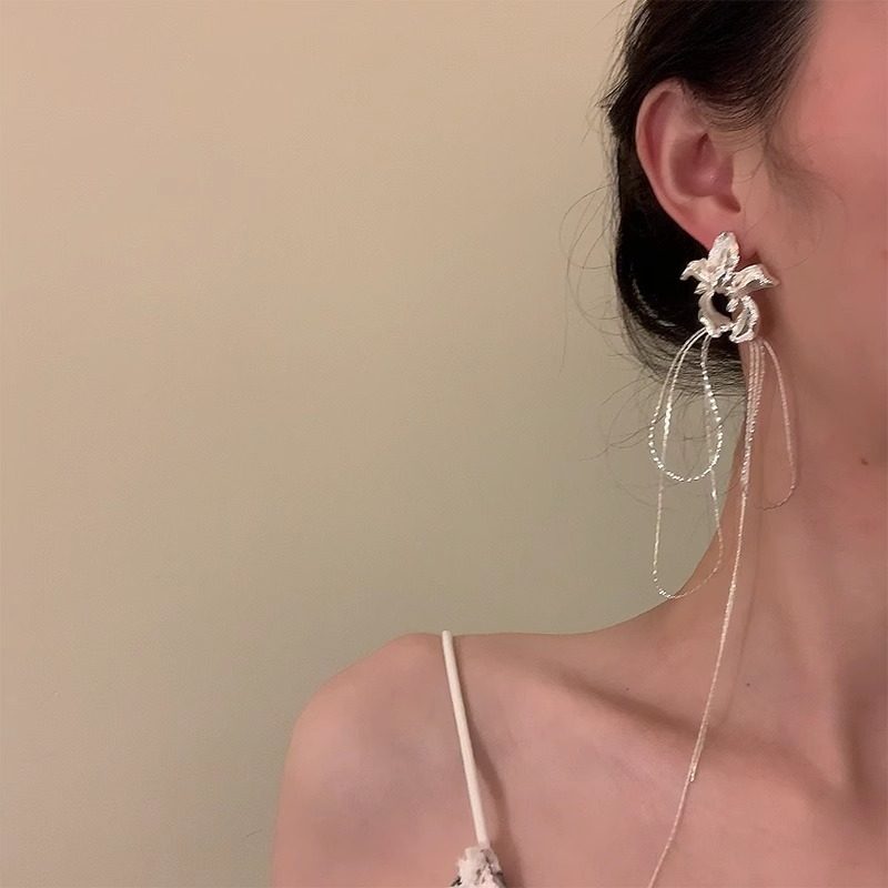 彼岸花~清冷感银色花朵流苏耳环2025新款小众气质耳钉女耳饰耳夹,淘宝优惠券,粉丝福利购,淘宝优惠卷