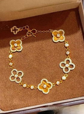 金店同款复古沙金点钻虎眼石四叶草手链镂空四叶花耳钉项链送女友
