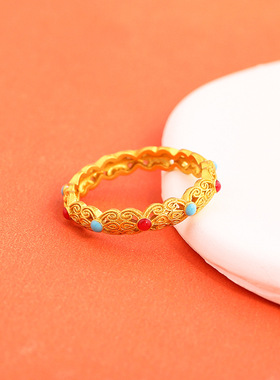 古法沙金镶嵌彩石戒指