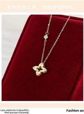s925纯银拉丝四叶草项链女生中古新中式高级感闪钻锁骨链黄金同款