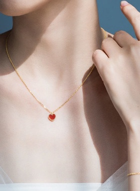 红色小红心爱心项链女纯银桃心形锁骨链新年礼物送女友情人节礼物