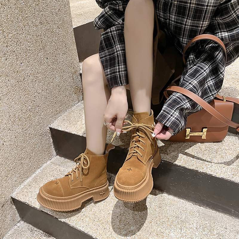 姜饼沙漠马丁靴女夏季真皮增高厚底大黄靴小个子皮鞋女英伦风短靴 - 图1