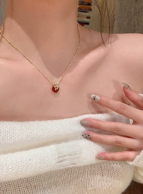 真金电镀复古安可拉红滴釉爱心高级感项链女choker精致锁骨链