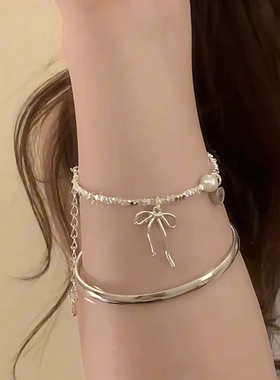 蝴蝶结粉钻天然珍珠碎银子项链配饰女高级感锁骨链轻奢小众颈链