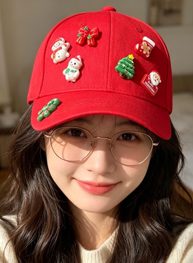 圣诞主题红色棒球帽女卡通装饰圣诞树雪人贴布可爱帽子