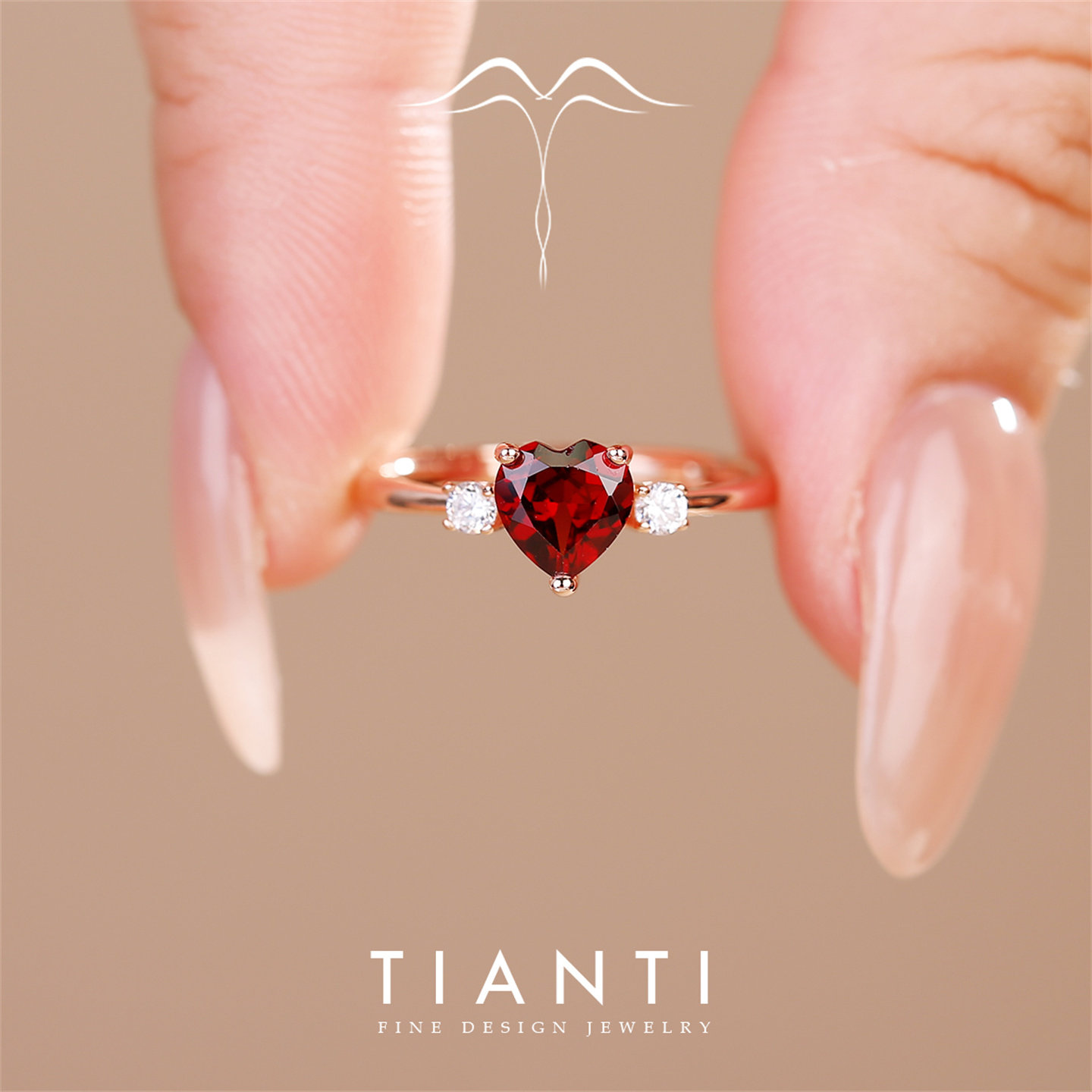TIANTI heart-shaped pigeon blood red garnet gemstone ring