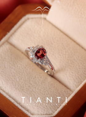 天然铁铝石榴石桂榴石纯银戒指