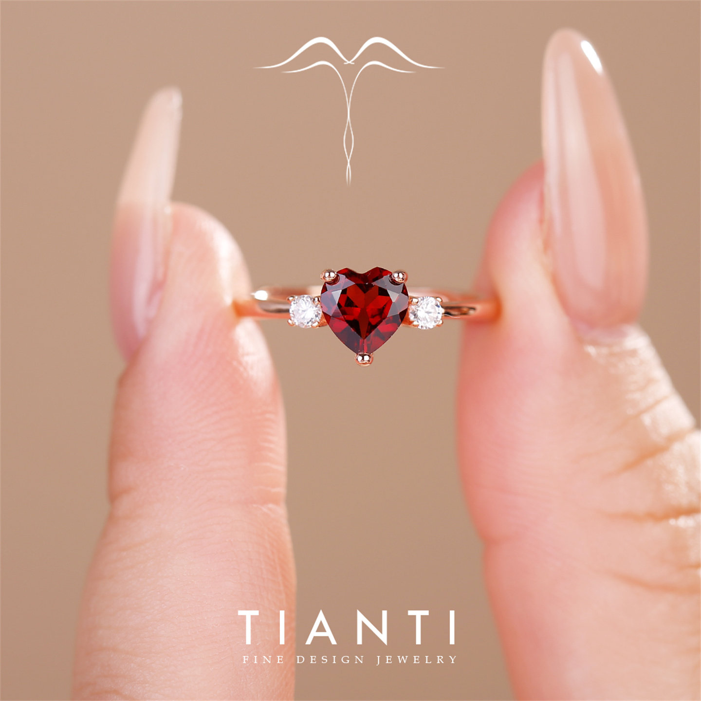 TIANTI heart-shaped pigeon blood red garnet gemstone ring