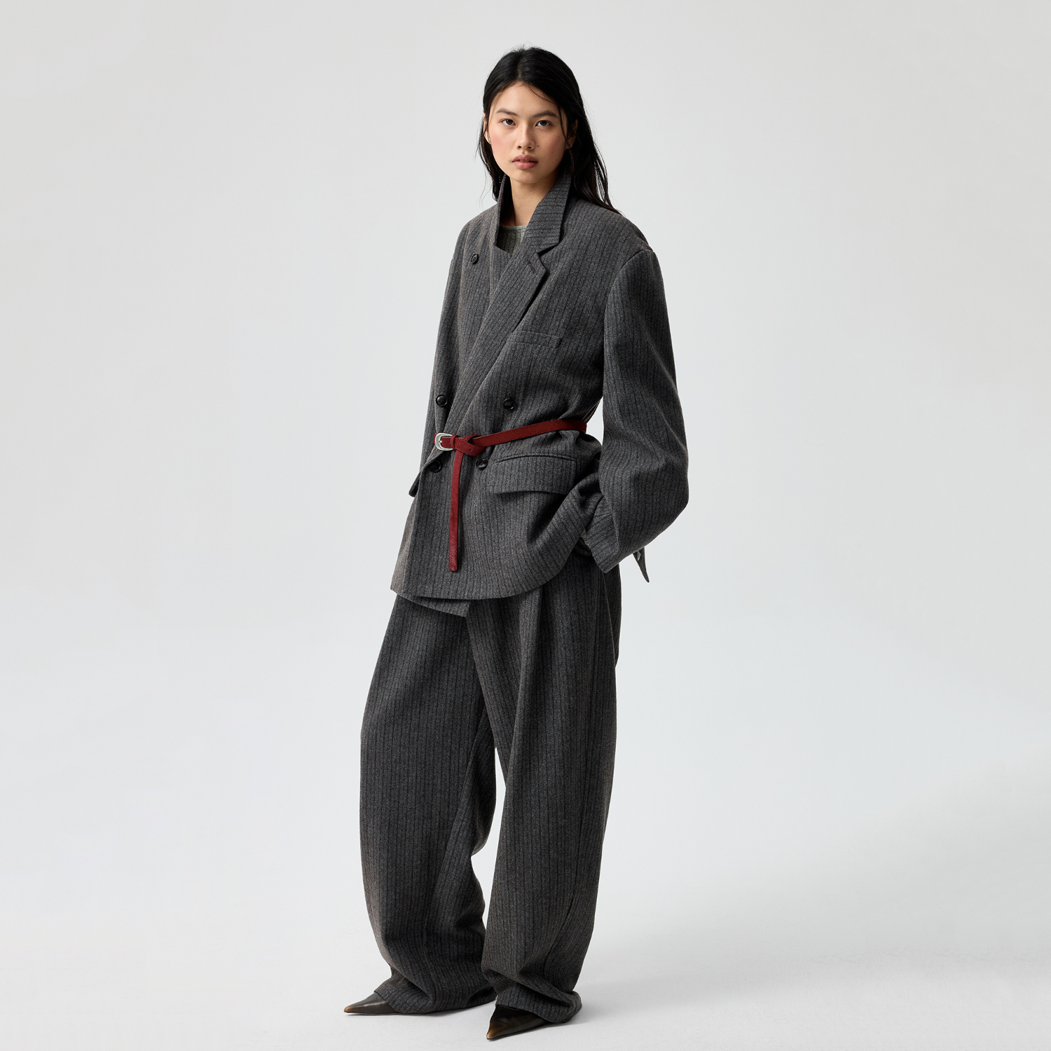 Simple Project*Striped Wool Trousers折叠门襟打褶条纹毛呢长裤 - 图0