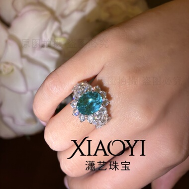 白富美约6ct实验室培育帕拉伊巴戒指  豪镶气质千金感925银镀金