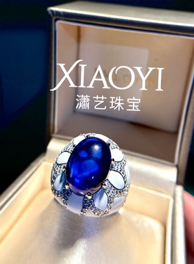 VISING·深海王富婆霸气皇家蓝蛋面戒指陶瓷925银镀18K