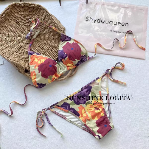 辣妹三点式绑带比基尼两件套时尚ins温泉度假印花小胸聚拢泳衣女 - 图3