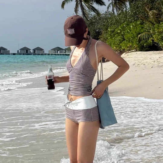 Women's high-end swimsuit 2026 new hot girl retro V-neck plaid halterneck split swimsuit slimming swimsuit