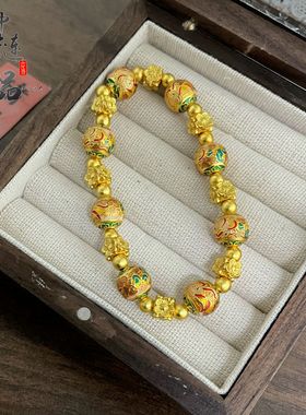 直播同款高保色古法沙金珐琅彩一鹿生花手串 国潮风九色鹿手链批