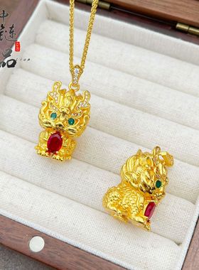 金店同款高保色古法沙金镶钻麒麟祥瑞吊坠铜镀金招财瑞兽挂坠